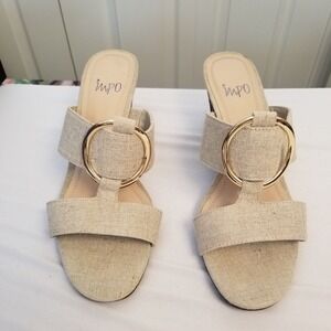 Impo Womens Linen Fabric Gold Ring Slide Sandals Neutral Block Heel Mule 8s